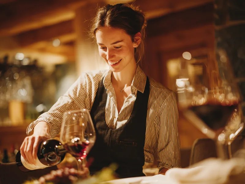 Kellnerin schenkt am Tisch Wein ein