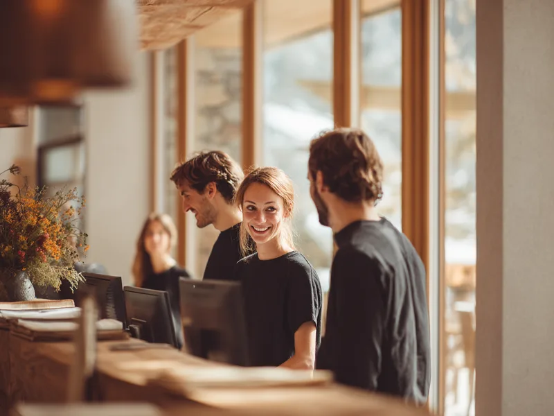 Hotelteam arbeitet gemeinsam am Empfangsbereich