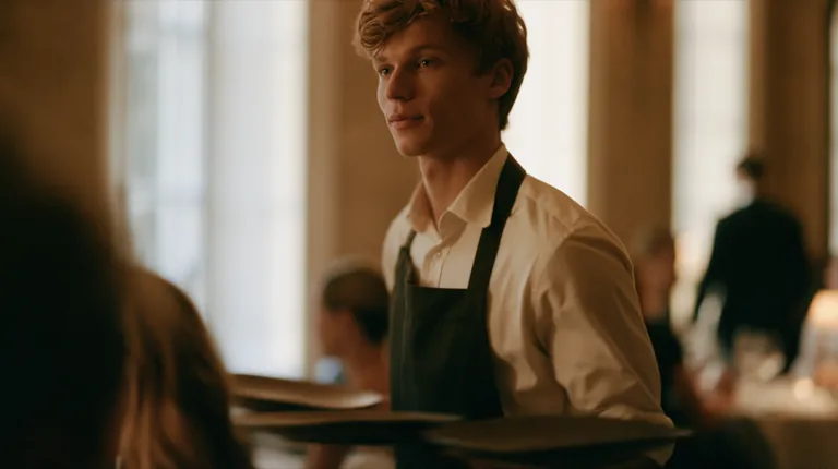 Servicekraft trägt Tabletts durch ein Restaurant